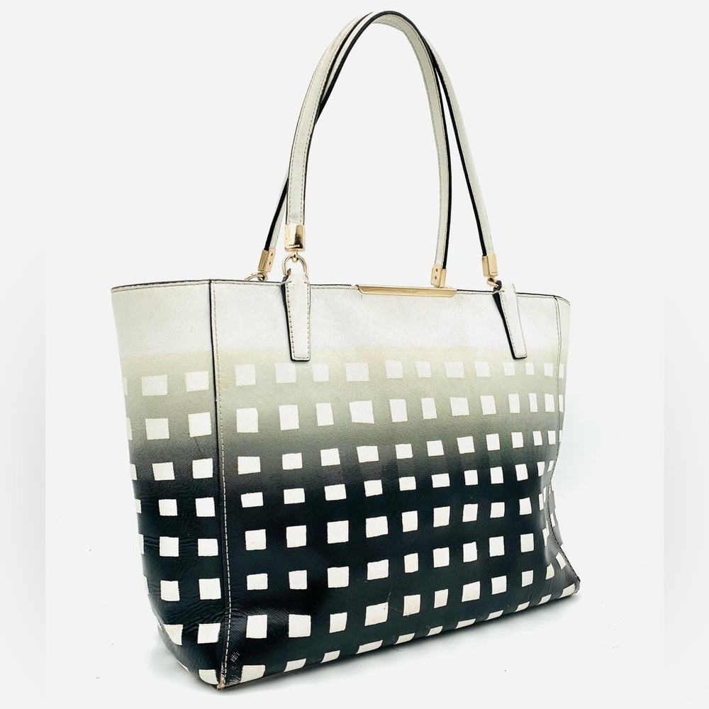 COACH✨Madison East West Black & White Gingham Saffiano Leather Zip Tote